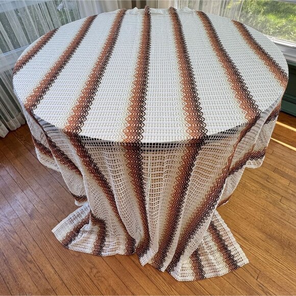 Vintage 70s mesh curtain, tan, rust, brown wavy stripes, pleated, per panel - Picture 1 of 10